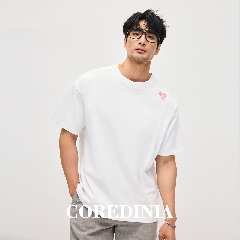 [Heart Embroidery Design] 360g Heavyweight High-Weave Combed Cotton Men's Minimalist Style Oversized Crew Neck Short Sleeve T-Shirt