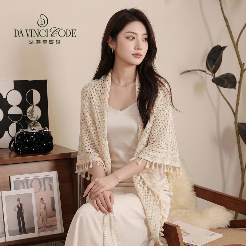 Da Vinci Code Summer New Knitted Hollow Tassel Triangle Scarf Shawl for Women Air-Conditioned Room Travel Photography Shawl