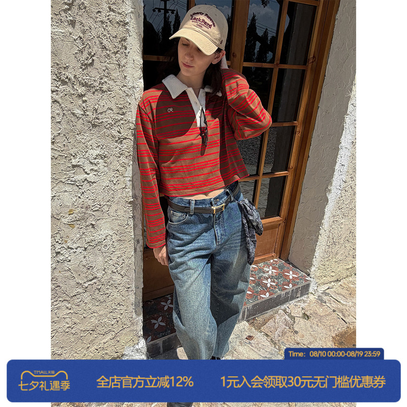 Rollcall (Guli Nazha) Same Style Red Polo Collar Striped Long-Sleeve T-Shirt Henry Collar Top