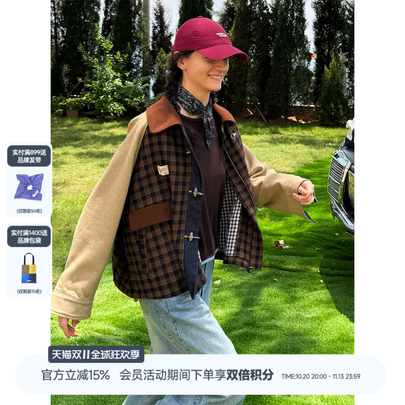 Rollcall Wool Blend Vintage Color-Blocked Plaid Lapel Metal Buckle Raglan Sleeve Short Jacket Rollcall Wool Blend Vintage Color-Blocked Plaid Lapel Metal Buckle Raglan Sleeve Short Jacket