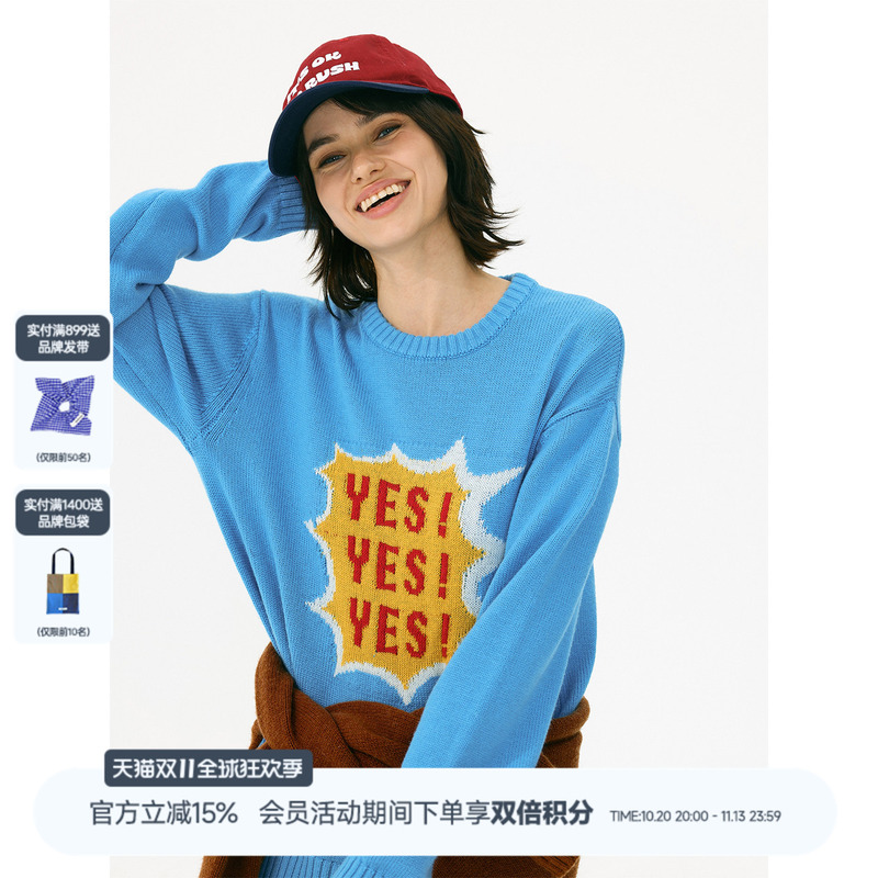 Rollcall All-Wool Skin-Friendly and Warm Round-Neck Knitted Sweater with Fun Letter Jacquard Pattern and the Word "Yes"