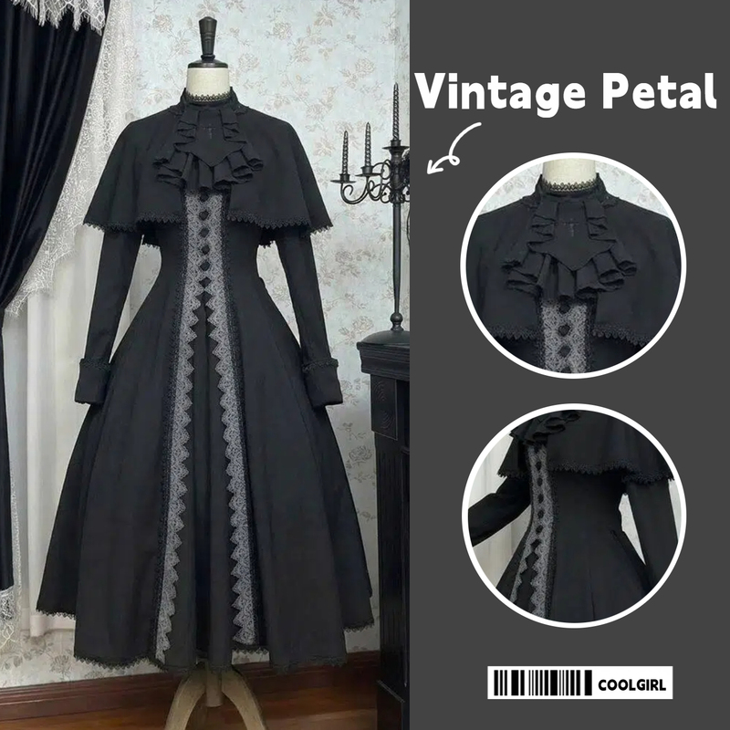 【Prayer under the Moonlight】Vintage Gothic Style Black Cape Shawl Dress for Women, Slimming Lace Mid-Length Dress, Elegant