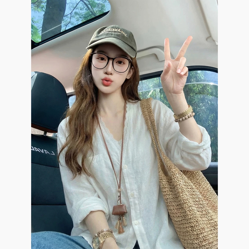 French-Style White Lace Linen Sun-Protective Shirt for Women, 2026 Summer New Model, Age-Reducing, Slimming, High-End Feel Top