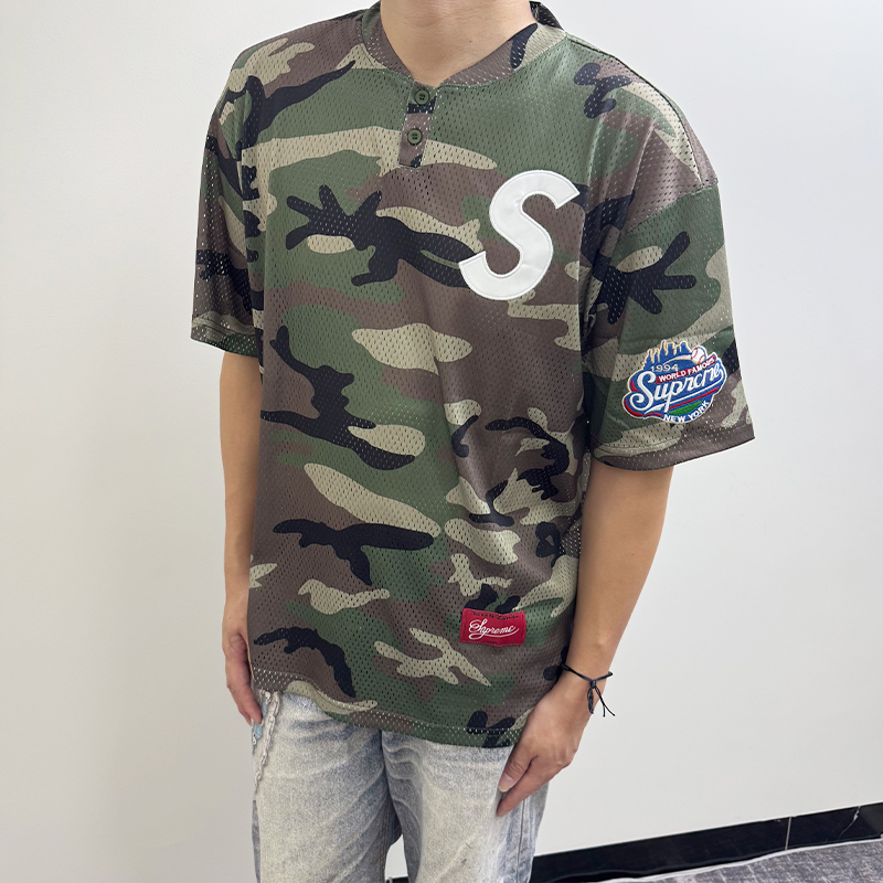 25Fw S Logo Baseball Henley S Letter Baseball Shirt Mesh Cutout Henley Collar Short-Sleeved T-Shirt