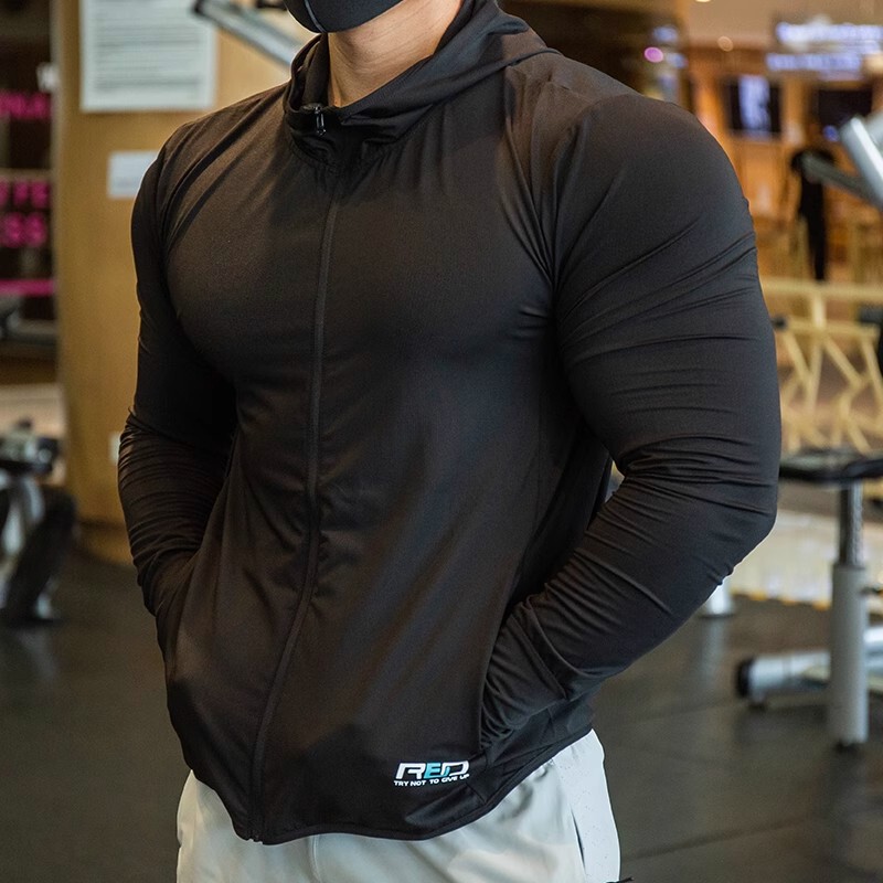 Muscle Guys Long Sleeve Jacket Sports Training Clothes Quick-Drying Zipper Hooded Gym Casual Running Men's Top
