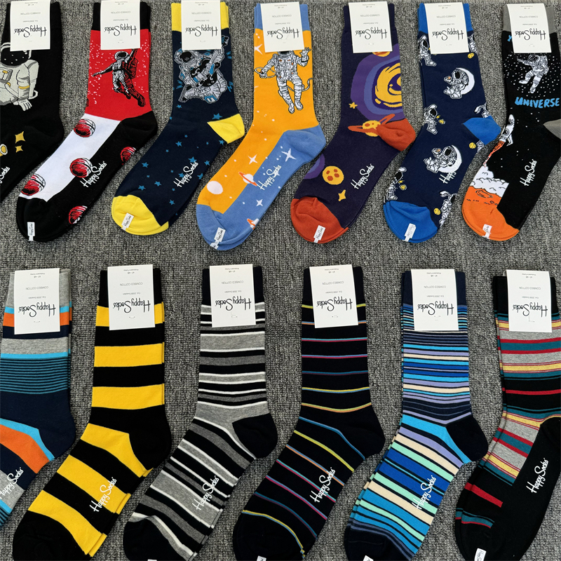 Happysocks Men's Pure Cotton Swedish Trendy Brand Mid-Calf Socks Astronaut Planet Moisture-Wicking Personalized All-Season Socks