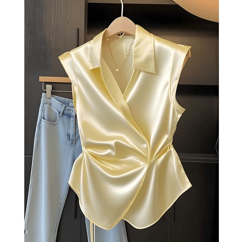 Elegant Satin Waist-Cinching Sleeveless Shirt for Women, 2025 Summer New Design, Waist-Slimming, Fashionable Tank Top