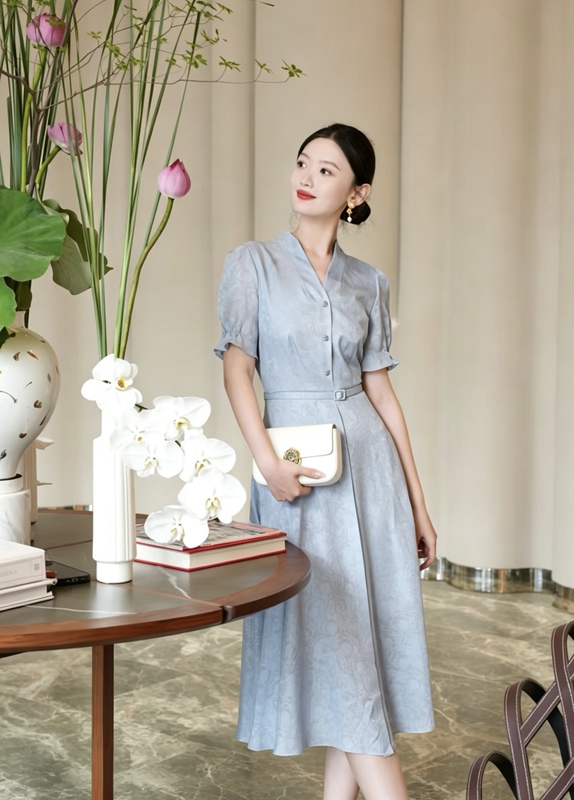 Hui [Intangible Cultural Heritage Hua Luo] Summer Waist-Cinching Dress | V-Neck Slimming Dress