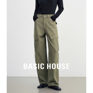 Basic house/baijiahao retro twill loose silhouette pure cotton multi-pocket wide-leg work jeans for women