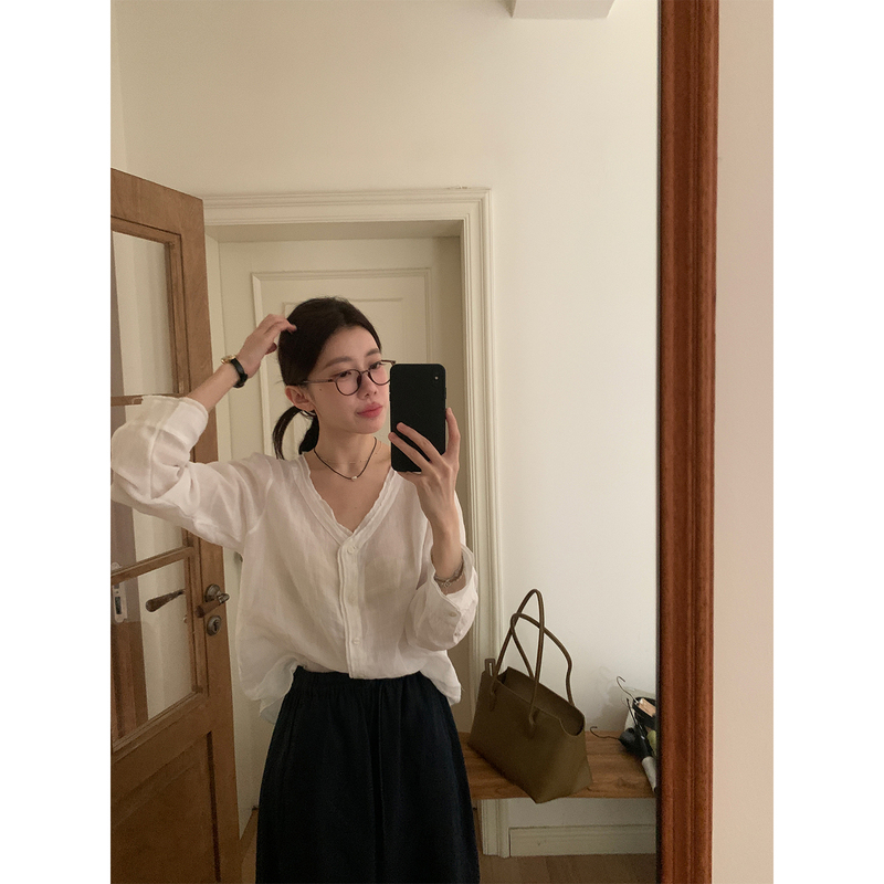 Eroii 【1Oo Ramie】Relaxed Style Fit Gentle Korean-Style Filter Simple and Comfortable Round-Neck Double-Layered Shirt