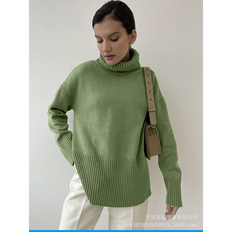 European and American Cross-Border Foreign Trade 2026 New Style Slit Loose Knit Pullover Solid Color High-Neck Loose Autumn and Winter Women's Sweater