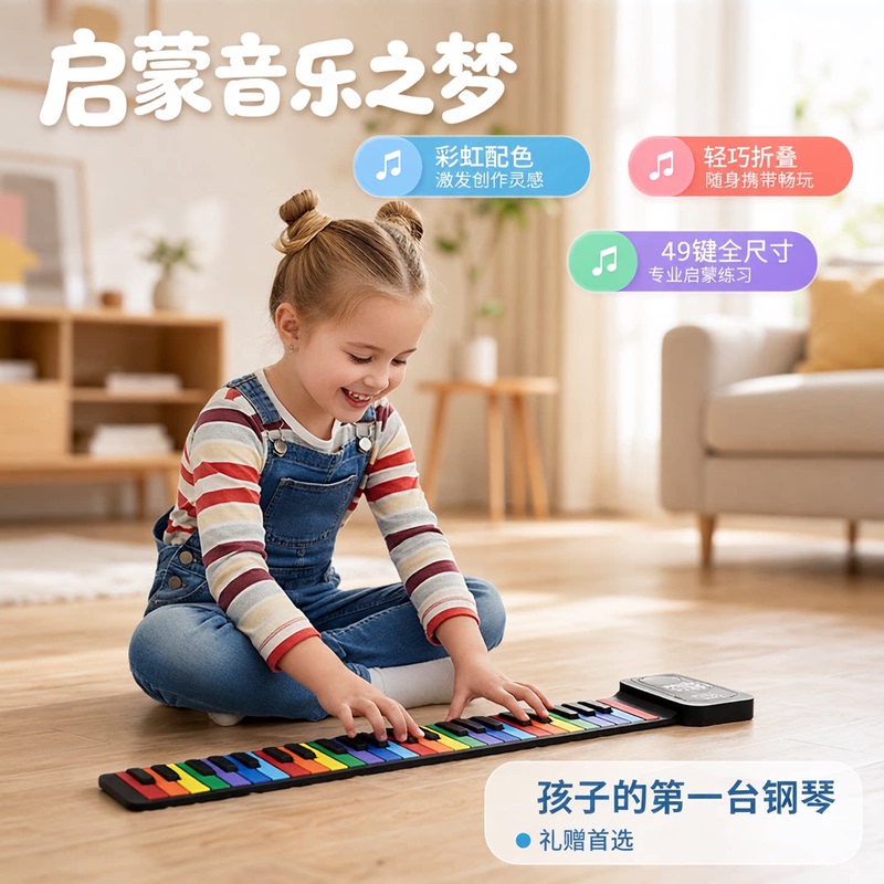 Silicone Electronic Musical Instrument Portable 49-Key Rainbow Folding Piano Roll-Up Piano Children's Hand-Rolled Rainbow Piano Gift