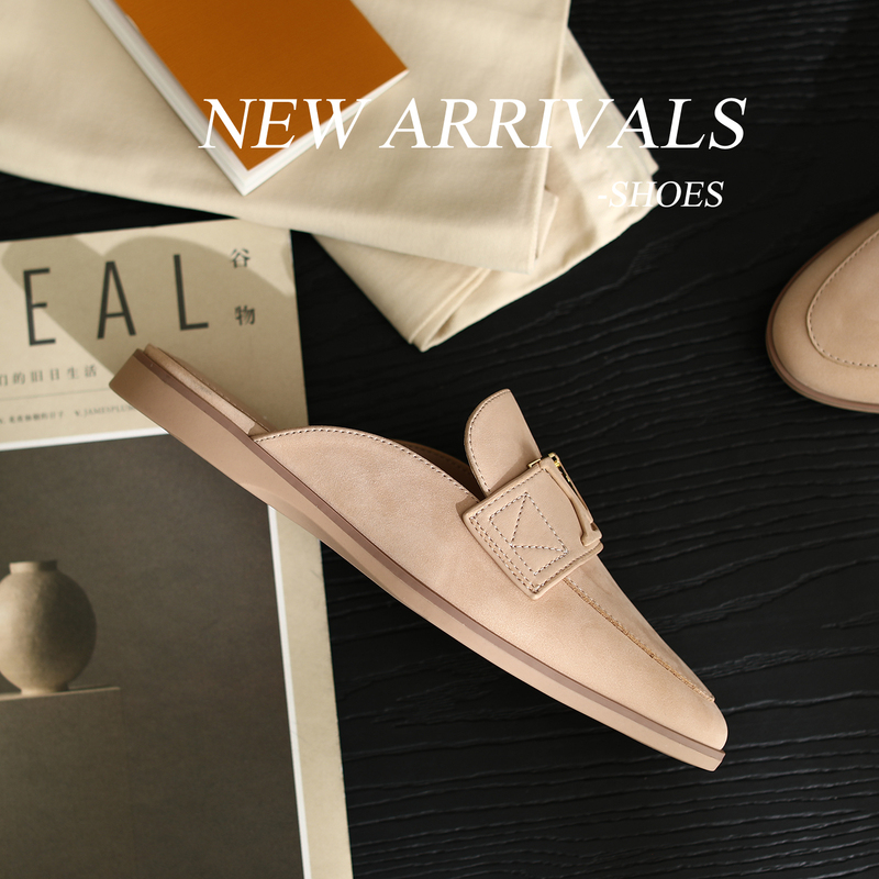 2026 Spring New Suede Flat Mules for Women, Slip-On Versatile Genuine Leather Closed-Toe Half Slippers