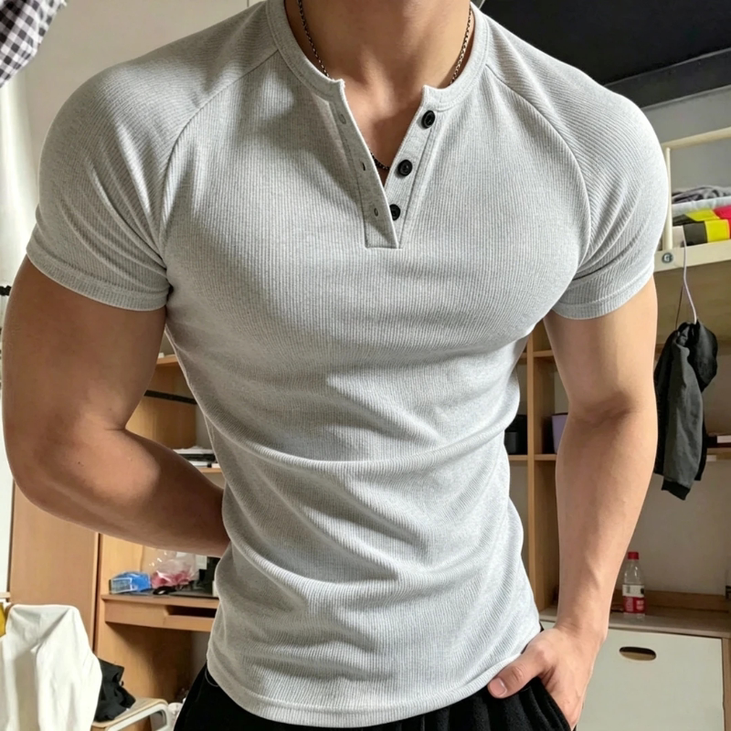 American-Style Henley Collar Polo Shirt, Short-Sleeved Men's Summer Fitness T-Shirt with Cuffed Sleeves, Heavyweight and Structured Sports Half-Sleeve