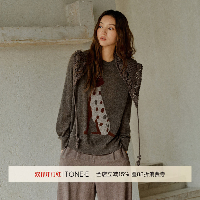 Tone·E＜Dalmatian＞Yak Wool and Sheep Wool Blend Soft and Skin-Friendly Round Neck Pullover Knit Sweater