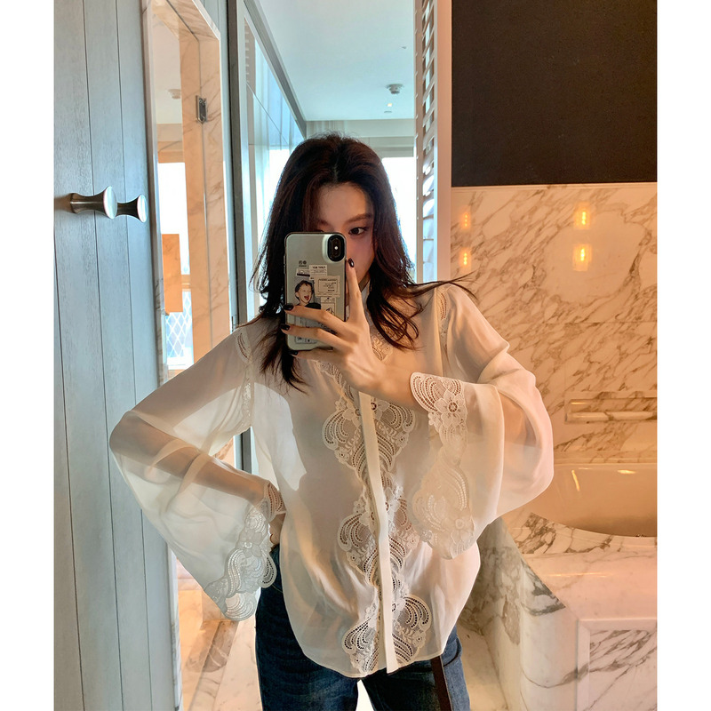Alonesavor Long Xier High-End Heavy Lace Trim Shirt with Stand Collar and Flared Sleeves for Women R031 Alonesavor Long Xier High-End Heavy Lace Trim Shirt with Stand Collar and Flared Sleeves for Women R031