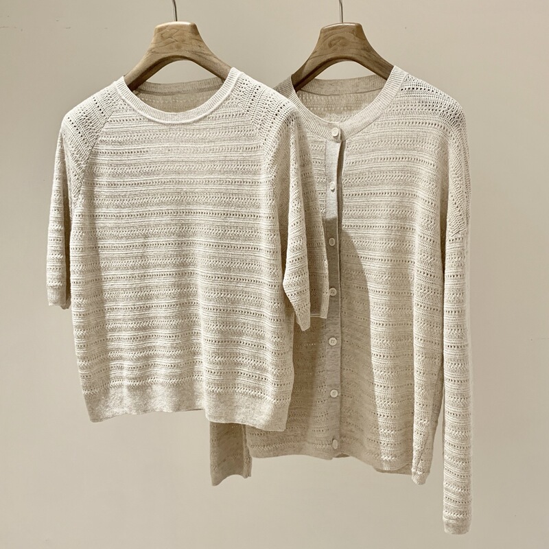 Xiaohe Original! Quality Inspection Available! 30% Silk, 70% Linen, No Dyeing~ Hollow Knit Long-Sleeve Cardigan + Pullover Xiaohe Original! Quality Inspection Available! 30% Silk, 70% Linen, No Dyeing~ Hollow Knit Long-Sleeve Cardigan + Pullover