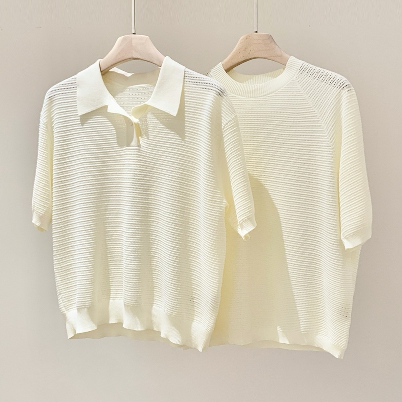 Domestic Brand Lao P~Outperforms All Others~Ultra-Fine 120-Count Mercerized Brushed Cotton~Hollow-Out Polo Collar + Round Neck Knit Sweater