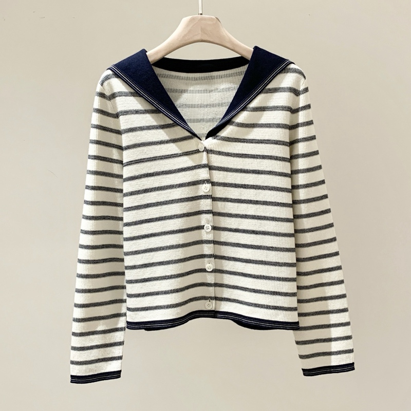 Xiaoheyuan Single~Consinee Special Cashmere Cotton~Navy Blue Striped Sailor Collar Early Autumn Color-Block Long-Sleeve Knit Cardigan Xiaoheyuan Single~Consinee Special Cashmere Cotton~Navy Blue Striped Sailor Collar Early Autumn Color-Block Long-Sleeve Knit Cardigan