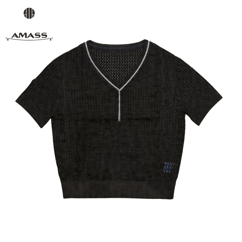 AMASS/Amass 新作 夏物 シャネル風 半袖 Vネック カジュアルニットトップス コントラストトリム付き 538126