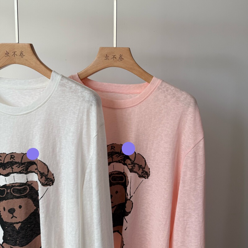 Cute and Awesome! French Single Brand Lina Bear Collaboration Parachute Bear Linen Long-Sleeve Loose T-Shirt 26 Spring/Summer