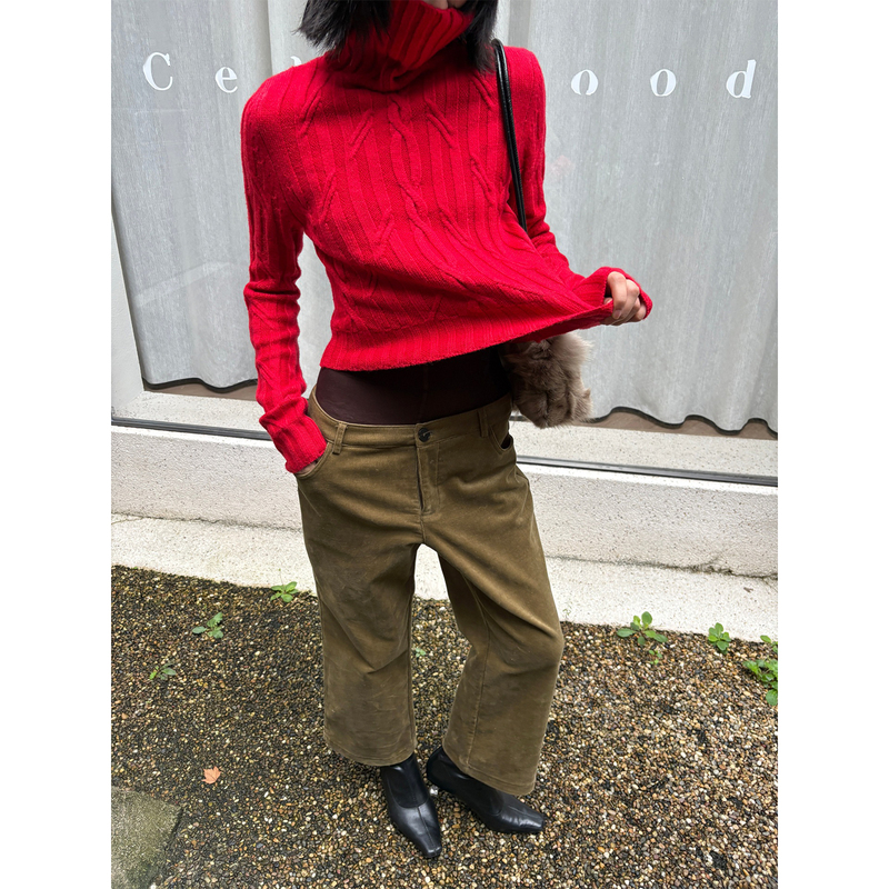 Chuye Storage [October New Arrivals] High-Neck Cable Knit Sweater for Women, Autumn Short Knit Sweater/Red