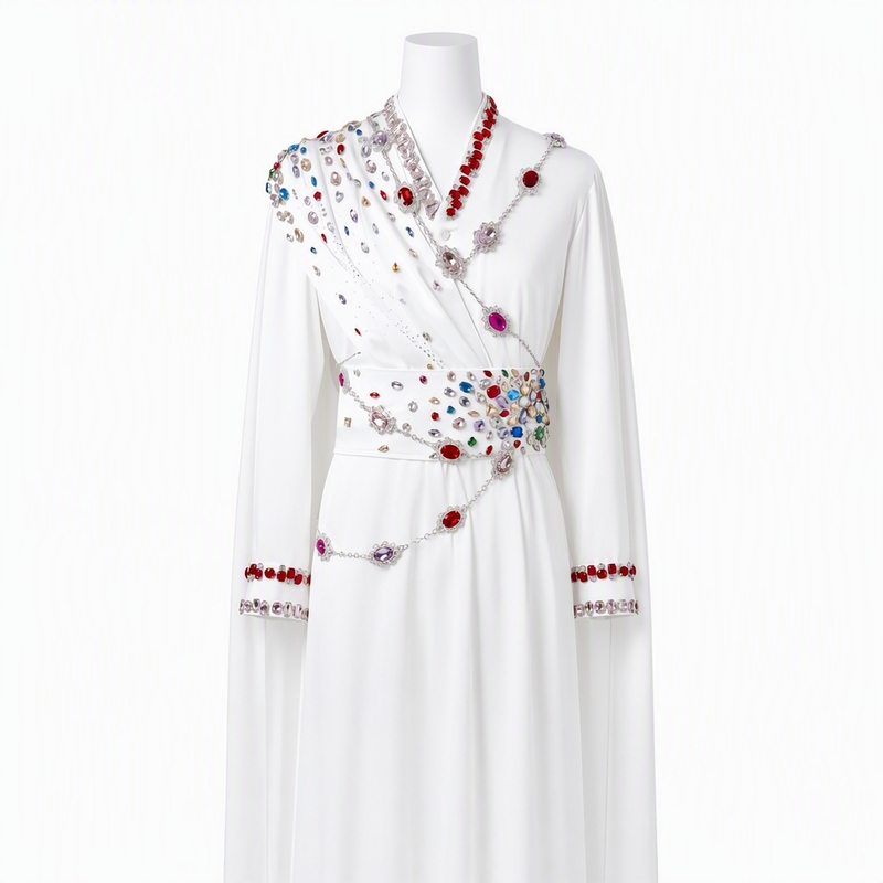 Gao Qingchen Celebrity-Style White Satin Long-Sleeve Shirt with Embroidered Rhinestone Cape, High-End Stage Performance Outfit, Trendy