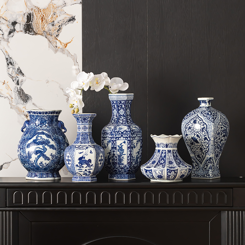 Jingdezhen Ceramic Blue and White Vase Home Decoration Chinese-Style Flower Arrangement Hydroponic Device Antique Decoration Display Rack Living Room