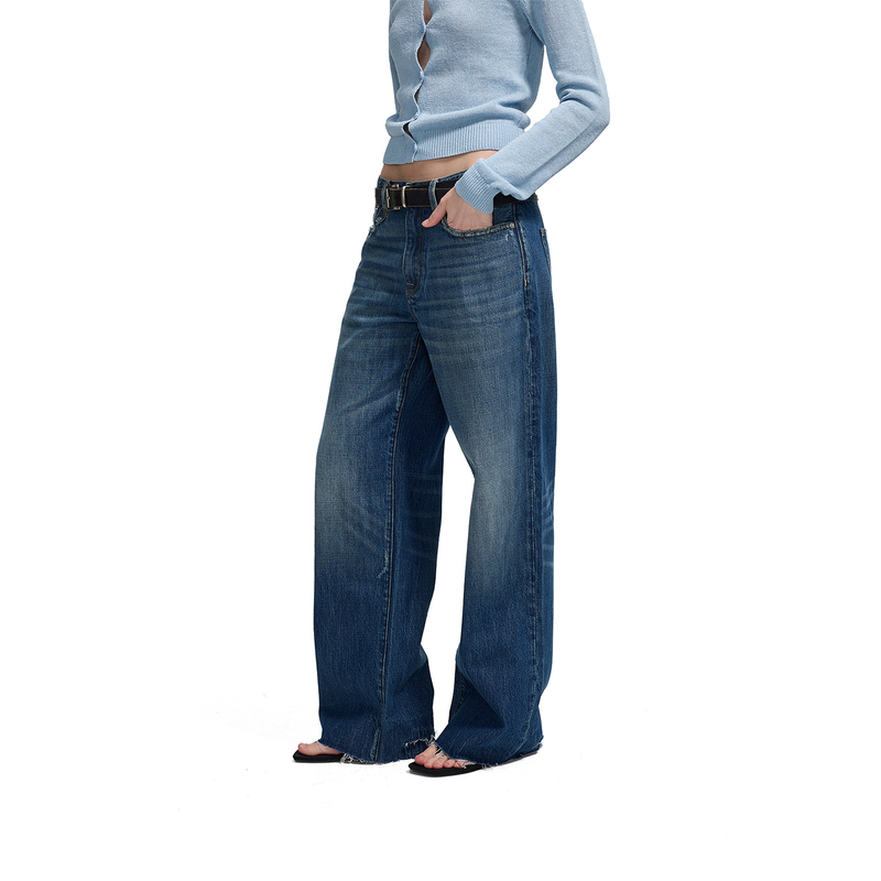 Lram Washed Vintage Blue Straight-Leg Low-Rise Jeans with Ripped Hems Lm2630046