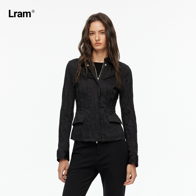 Lram "Folds Series" Metallic Thread Blended Wrinkled Lapel Waist-Cinching Short Work Jacket Lm2630557 Lram "Folds Series" Metallic Thread Blended Wrinkled Lapel Waist-Cinching Short Work Jacket Lm2630557