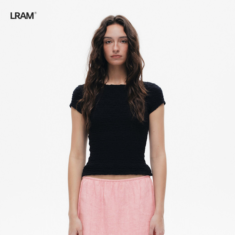 Lram Stereo Pleated Elastic Slim Fit Boat Neck Short-Sleeved Top Lm2630519 Lram Stereo Pleated Elastic Slim Fit Boat Neck Short-Sleeved Top Lm2630519
