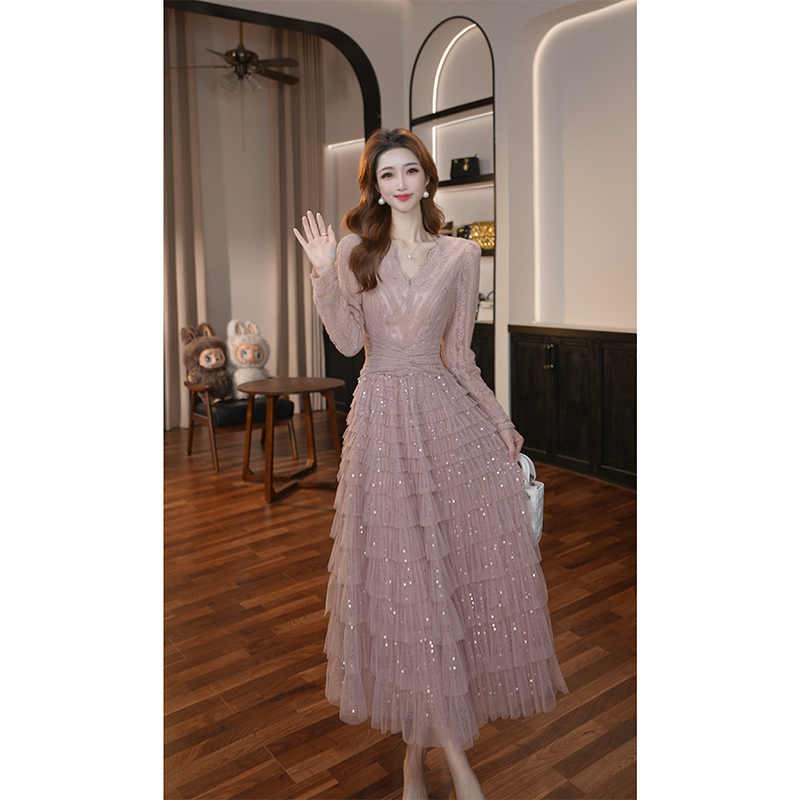 Autumn and Winter New Style Rose Pink Elegant V-Neck Solid Color Tiered Dress Atmospheric Dress 45653
