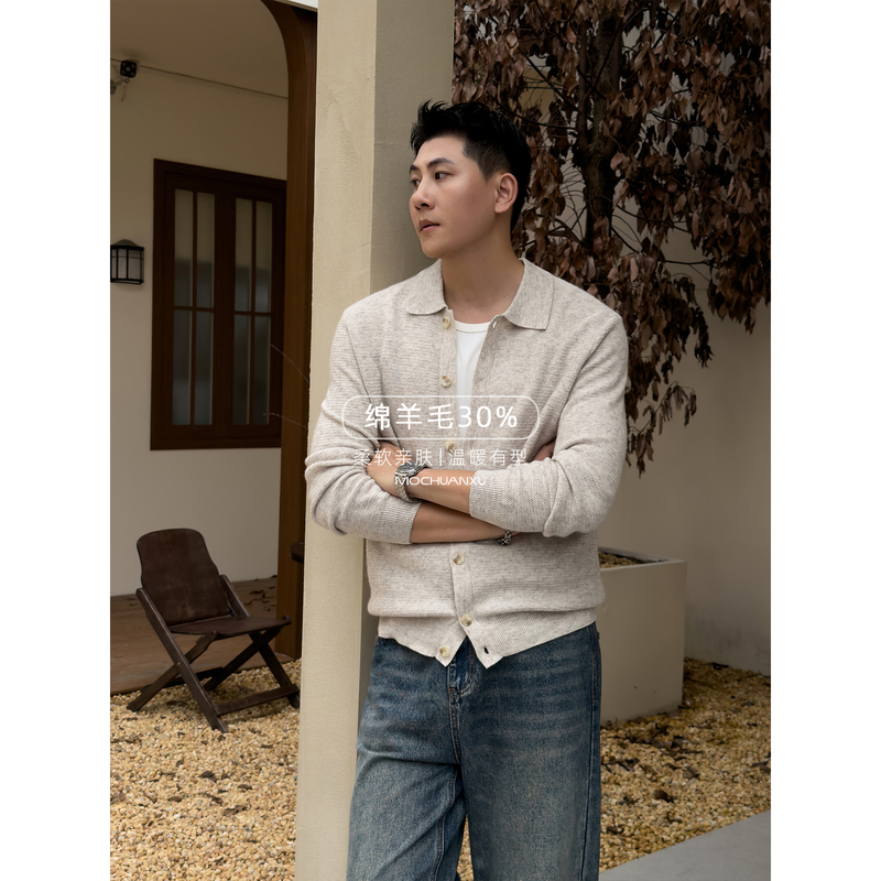 Mochuanxu【24% Sheep Wool】High-End Luxury Herringbone Pattern Lapel Knitted Cardigan Jacket for Men