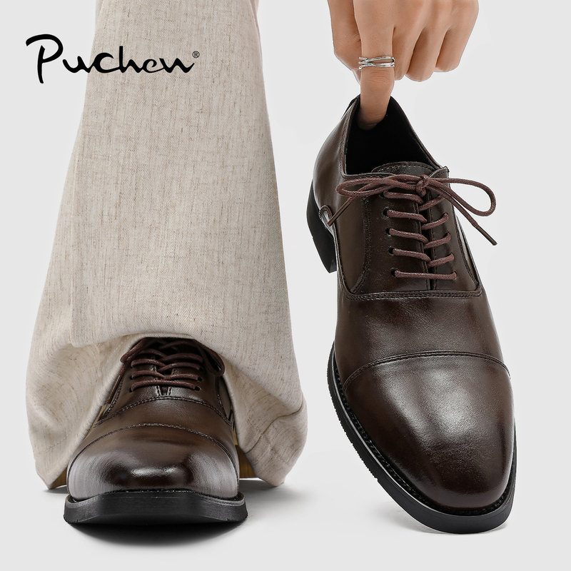 Brown Leather Shoes for Men, British Style Oxford Derby Shoes, Breathable Three-Joint Business Formal Wear Men's Groom's Wedding Shoes