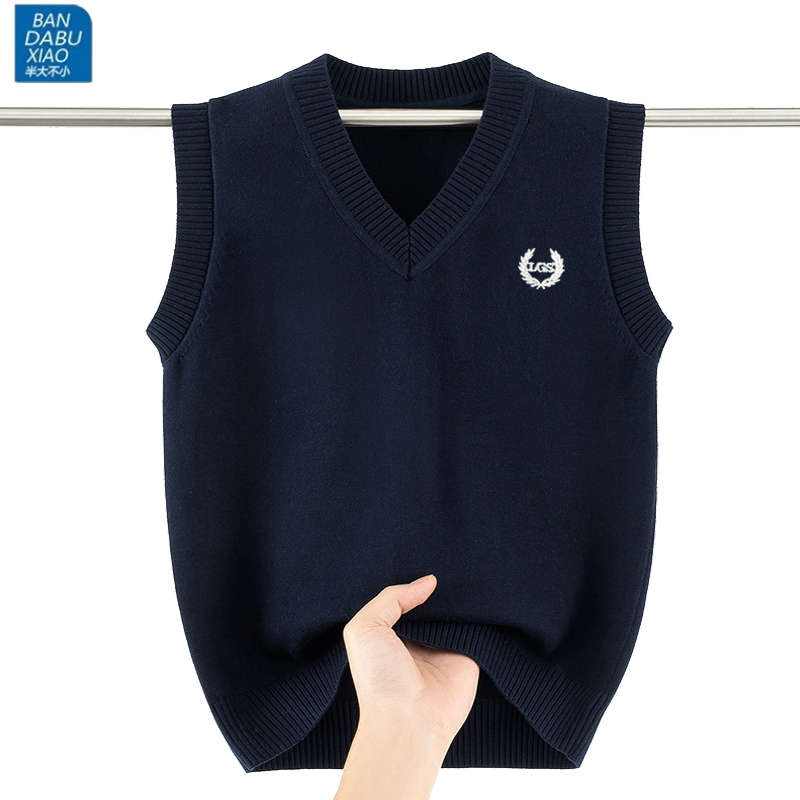 Pure Cotton Knitted Vest for Middle and Large Children, V-Neck Simple Embroidered Wool Vest for Teenagers and Students, Sleeveless Sweater for Boys