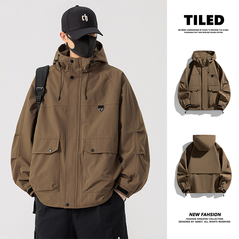 Outdoor Casual Solid Color Hooded Jacket American Style Windbreaker Waterproof Trendy Loose Cool Workwear Jacket