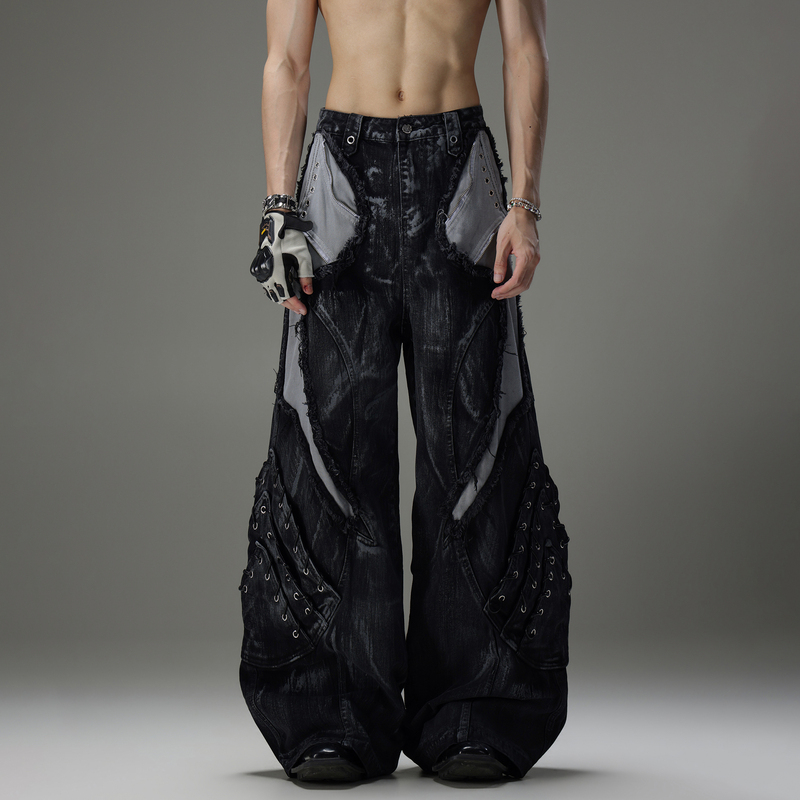 Galaxor Post-Apocalyptic Style Color-Blocked Frayed Jeans for Men and Women with Heavy-Duty Eyelet Decoration, Loose Wide-Leg Floor-Length Pants