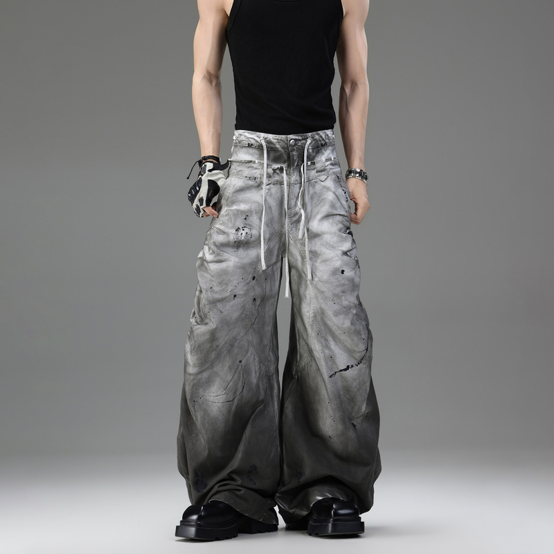Galaxor Wasteland Style Gradient Splatter Wide-Leg Jeans with Drawstring Waist, Pleated and Distressed, Unisex Floor-Length Pants Galaxor Wasteland Style Gradient Splatter Wide-Leg Jeans with Drawstring Waist, Pleated and Distressed, Unisex Floor-Length Pants