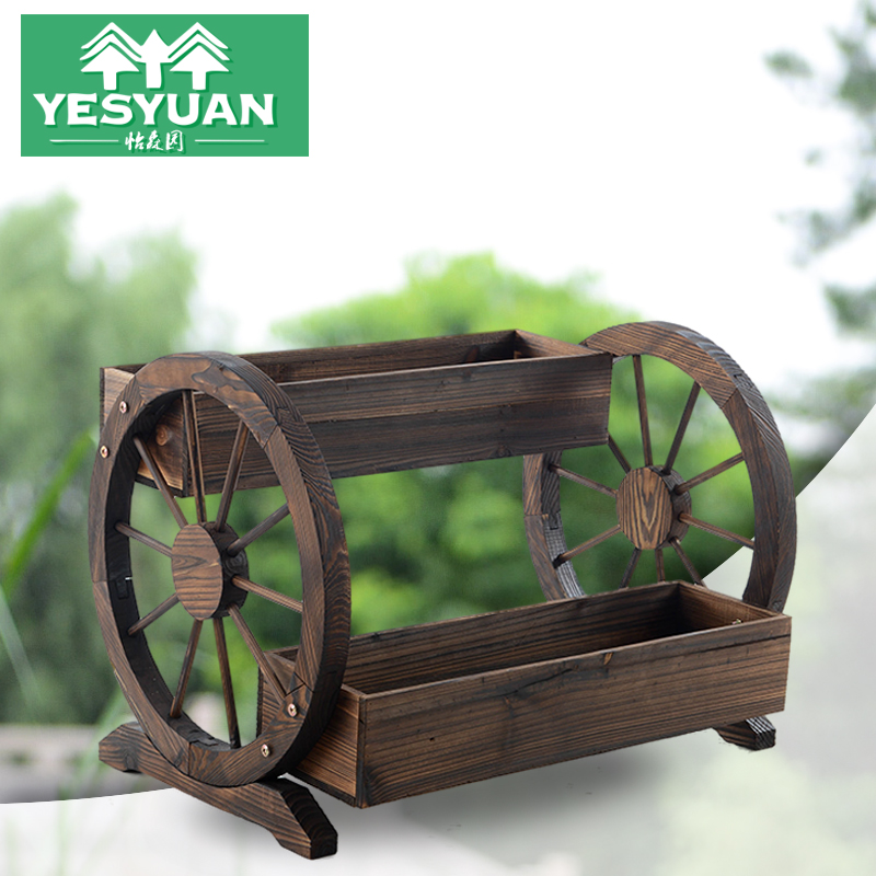 Carbonated anti-corrosive wooden two-storey wheel patio decorated flower racks outdoor balcony flowerpots multilayer indoor florers