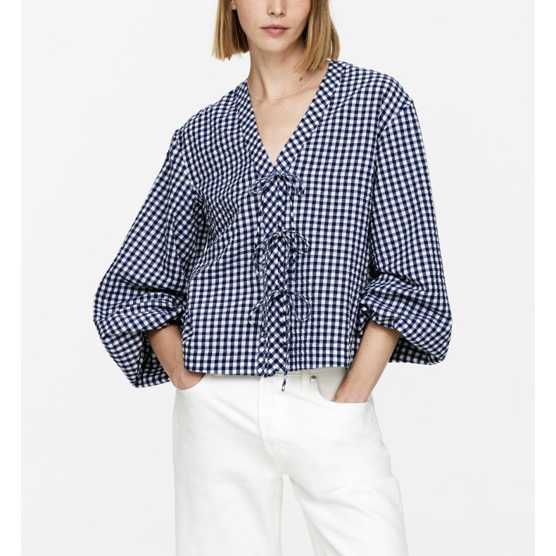 Diva Arket Women's Clothing Cotton Puff Sleeve V-Neck Bow Tie Plaid Shirt Top 1265128001