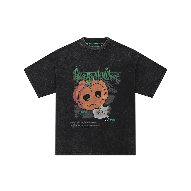 Jackson Wang Style Halloween T-Shirt for Men and Women, Loose Fit, Versatile, Pumpkin Print, Washed Short-Sleeve for Summer