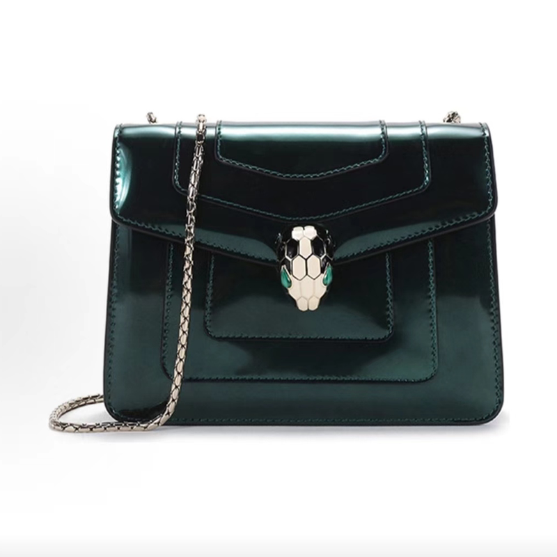 Bvlgari Luxury Brand, Almost New, Emerald Green Gold Snake Head Clasp Forest Bag for Women