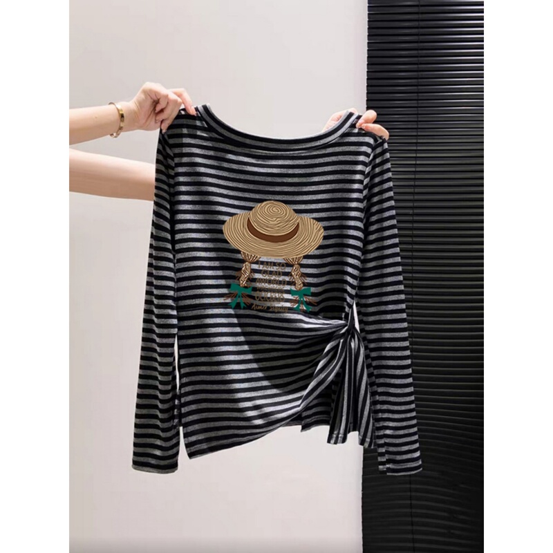 Korean-Style Striped Split Hem Tie Long-Sleeve T-Shirt Women's 2026 New Niche Pure Cotton Base Shirt Top for Spring and Autumn Korean-Style Striped Split Hem Tie Long-Sleeve T-Shirt Women's 2026 New Niche Pure Cotton Base Shirt Top for Spring and Autumn