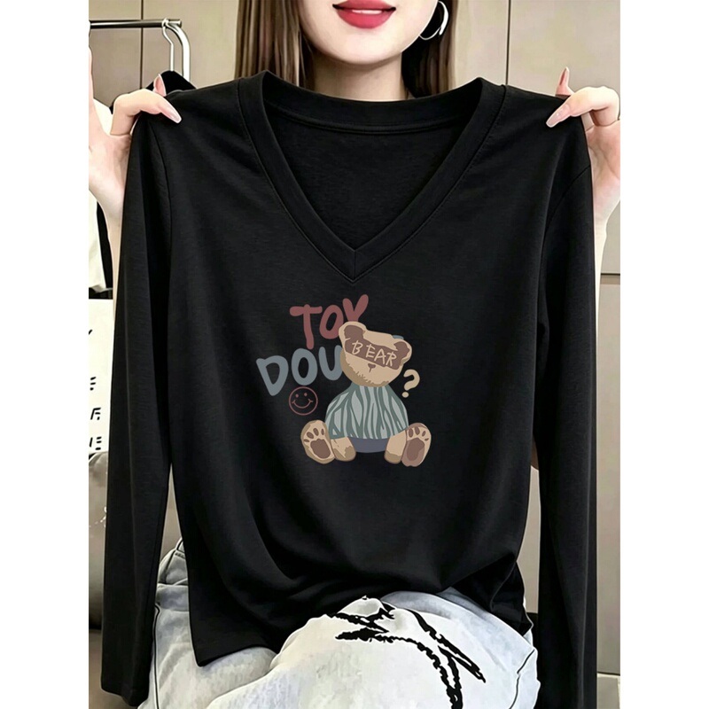 Korean Style Niche Inner Wear Base Shirt 2026 New Autumn Age-Reducing Printed Bamboo Cotton V-Neck Long-Sleeve T-Shirt for Women