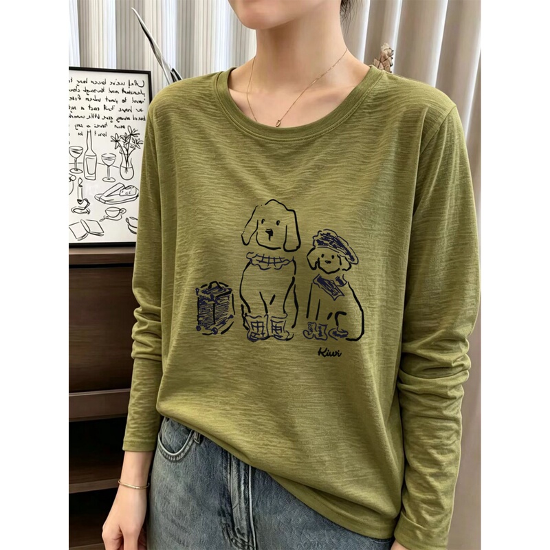 Age-Reducing Cartoon Print Bamboo Cotton Round Neck Long-Sleeve T-Shirt for Women 2026 New Design Plus-Size Base Shirt Top Age-Reducing Cartoon Print Bamboo Cotton Round Neck Long-Sleeve T-Shirt for Women 2026 New Design Plus-Size Base Shirt Top