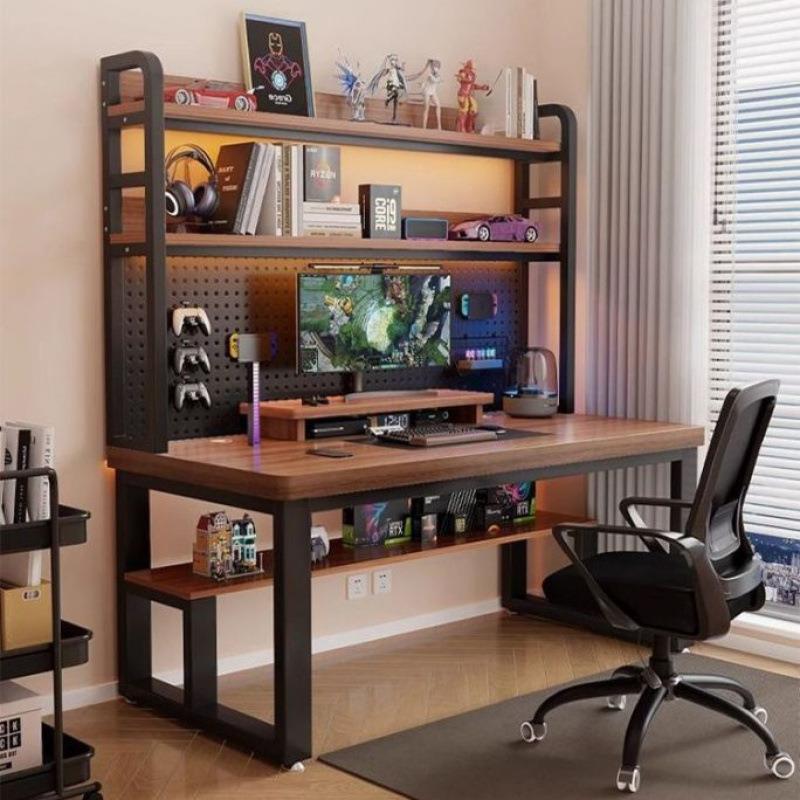 Home desk with bookshelf integrated desktop computer table student writing small apartment study table hole board
