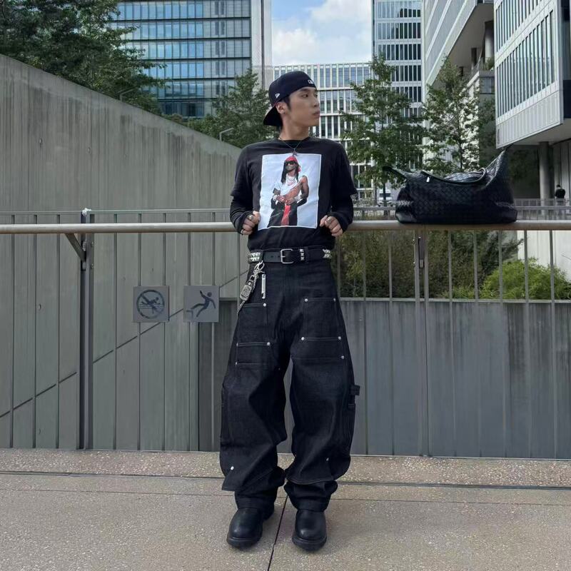 Kairoway Wide-Leg Double-Knee Lumberjack Kanglong Three-Dimensional Pocket Loose Straight-Leg Baggy Black Raw Denim Jeans