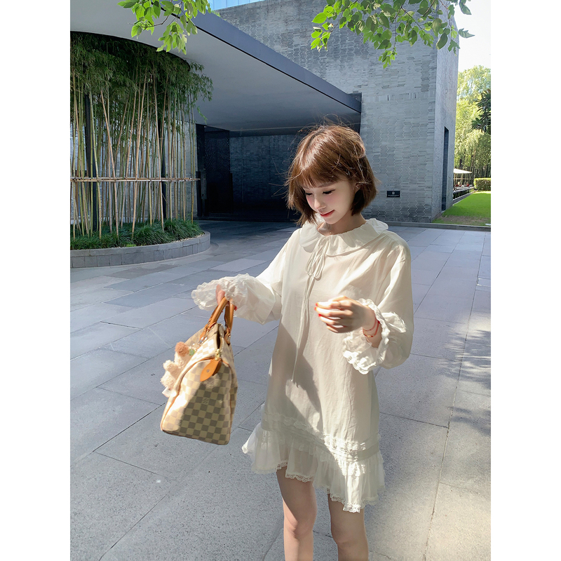 Wearkeki Pure White Lilith Doll Collar Lace Trim Long Sleeve Dress Women's Bow A-Line Short Skirt