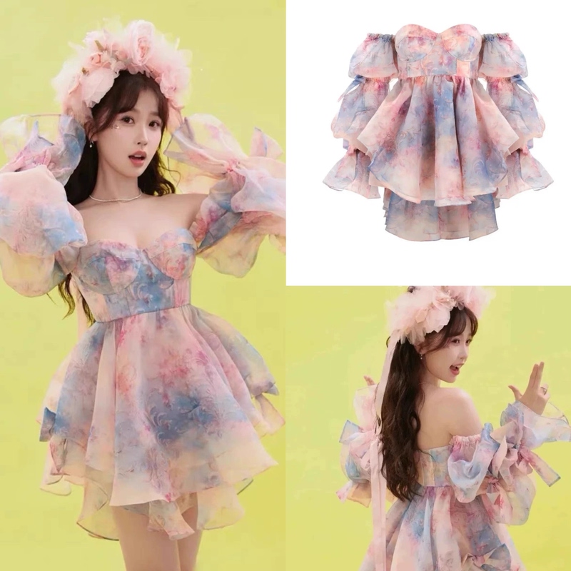 In Stock Selkiecollection Yu Shuxin's Same Style Sunset Rose Print Lotus Sleeve Mini Dress