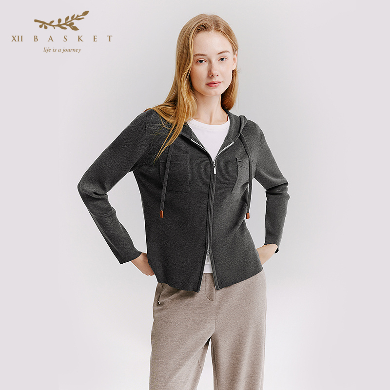Twelve Baskets 26 Autumn New Style Sheep Wool Hooded Double Zipper Cardigan Knitted Jacket Casual Top Women's Army Green Twelve Baskets 26 Autumn New Style Sheep Wool Hooded Double Zipper Cardigan Knitted Jacket Casual Top Women's Army Green